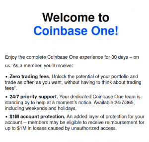 Coinbase One 30-day trial welcome screen